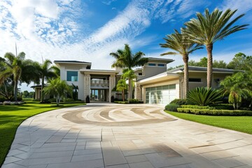 Modern Family Residence: Contemporary Home with Manicured Front Yard and Sky Blue Driveway in Orlando, Florida