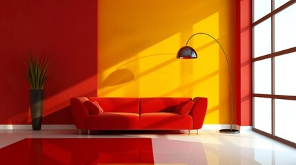 A red couch in a bright room with yellow walls and floor, AI