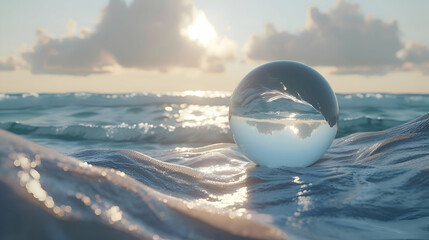 A serene scene of a minimalistic sphere resting atop the gentle waves of the ocean, creating a sense of tranquility and harmony - obrazy, fototapety, plakaty