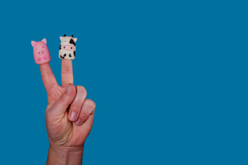 Female hand playing with puppets on fingers Animal finger puppet Pig Cow Educational toys...