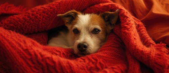 Autumns adorable small dog finds warmth and comfort as it lays under a cozy red blanket on top of a bed.