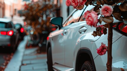 White wedding car with a bunch of flowers on the door handle - obrazy, fototapety, plakaty
