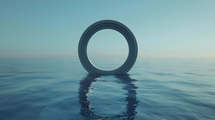 A simple, geometric circle gently bobbing on the calm waters of the ocean, surrounded by vast expanses of blue - obrazy, fototapety, plakaty