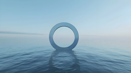 A simple, geometric circle gently bobbing on the calm waters of the ocean, surrounded by vast expanses of blue