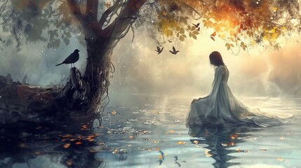 woman in a white dress peacefully sits in the water beneath a tree, serene and artistic scene