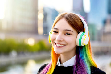 Frau mit Regenbogen Haarfarbe und Kopfhörern in der Stadt 