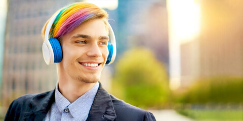 Mann mit Regenbogen Haarfarbe und Kopfhörern in der Stadt  - obrazy, fototapety, plakaty