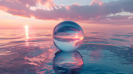 An isolated sphere drifting peacefully on the surface of the ocean, its smooth surface reflecting the vibrant hues of the sky