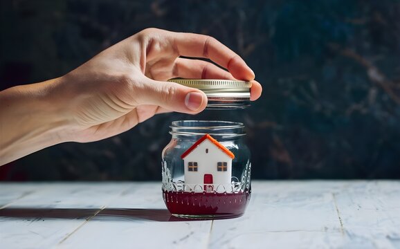 a hand Opening up a small clear glass jar  with a tiny cute house inside
