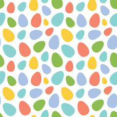 Seamless pattern of colorful Easter eggs on white background. Cheerful and festive design. Vector. Ideal for Easter wrapping paper, greeting cards, textiles, fabric prints