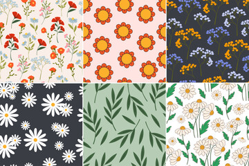 Fototapeta premium Floral seamless pattern set. Daisy, leaves, flowers, Botanical pattern vector flat illustration.