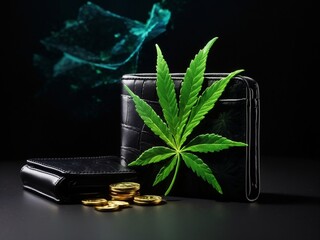 Crypto-Cannabis Convergence: AI Art of Marijuana Leaf and Wallet on Black Background