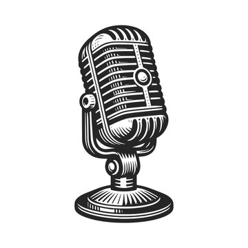 recommend clip art: Vintage microphone sketch engraving generative ai vector illustration. Scratch board imitation. Black and white image.