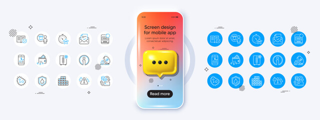 Phone mockup with 3d chat icon. Waterproof, Info and Digital wallet line icons. Pack of User notification, Money change, Wholesale inventory icon. Vector