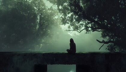 person sitting alone on bridge solitude green dark nature woods trees 