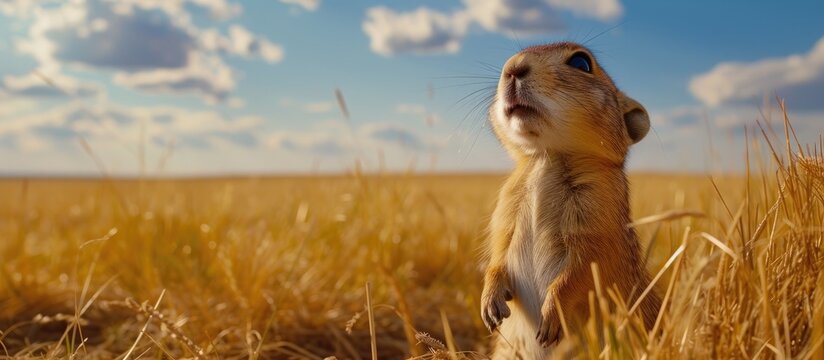 A small prairie dog stands on its hind legs in a field, while its curious child explores their prairie home.