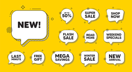 Offer speech bubble icons. New tag. Special offer sign. New arrival symbol. Arrivals chat offer. Speech bubble discount banner. Text box balloon. Vector