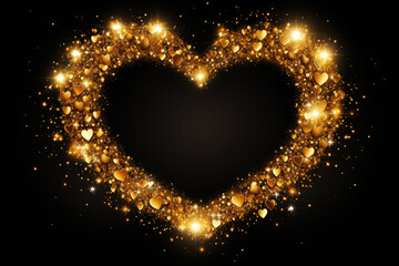 Golden Shining Heart Shape Frame on Black Background