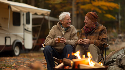 A Retired Couple Sits Next to a Campfire