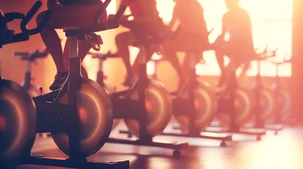 Gardinen people biking in spinning class at modern gym, exercising on stationary bike. group of caucasian people athletes training on exercise bike © alexkich