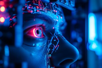 abstract ai robotic human glowing red eye - obrazy, fototapety, plakaty