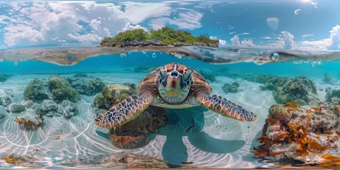 Schilderijen op glas Photo A sea turtle swims in the ocean. © AndErsoN