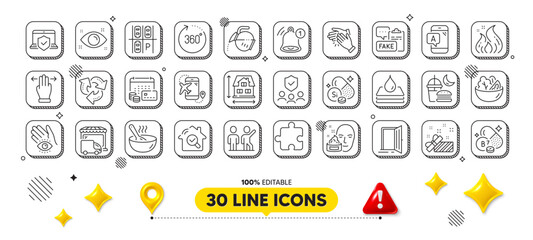 Money calendar, Waterproof and Flight destination line icons pack. 3d design elements. Fire energy, Clapping hands, Salad web icon. Fake document, Cook, Reminder pictogram. Vector