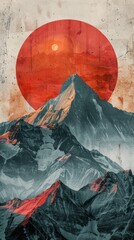 A painting depicting a mountain with a vibrant red sun in the background, capturing a striking contrast of colors and a sense of awe-inspiring nature.