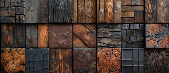 Assortment of different wood textures displayed in a stylized manner. Various grains, colors, and patterns showcased in the collection.