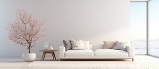 Fototapeta na wymiar A white minimalist living room with a sleek white couch and a potted tree standing elegantly in the corner, complemented by a wooden floor and large wall decor.