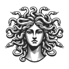 Fototapeten Medusa Gorgo head with snakes sketch engraving generative ai vector illustration. Scratch board imitation. Black and white image. © Oleksandr Pokusai