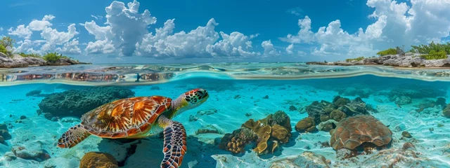 Fototapeten Photo A sea turtle swims in the ocean. © AndErsoN
