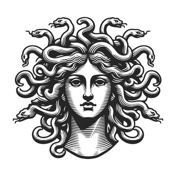 Medusa Gorgo head with snakes sketch engraving generative ai vector illustration. Scratch board imitation. Black and white image.
