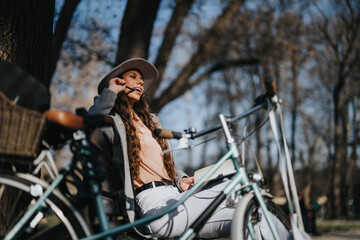 Fototapeta na wymiar Stylish young woman enjoys a sunny day in the park with her bike.