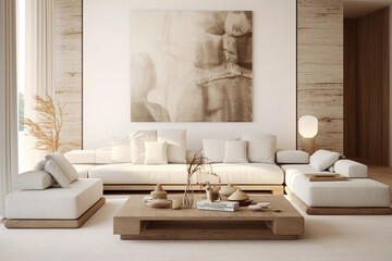White sofa and armchairs, interior design of a modern living room - obrazy, fototapety, plakaty
