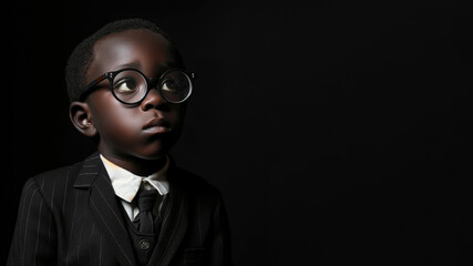 Obraz premium a studio portrait of little black boy dressed up as a manager businessman in suit isolated on black background