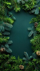 A holiday-themed green background adorned with pine cones and fir branches.