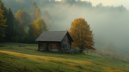 With the mountains veiled in mist, a rustic cabin welcomes the dawn's light, showcasing the serene charm of countryside living.