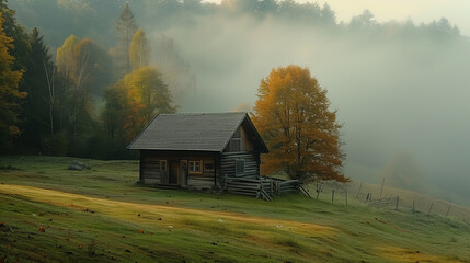 Fototapeta premium With the mountains veiled in mist, a rustic cabin welcomes the dawn's light, showcasing the serene charm of countryside living.