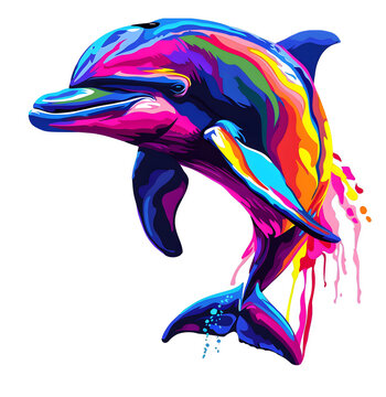 Drawing of a bright multi-colored dolphin. No background.