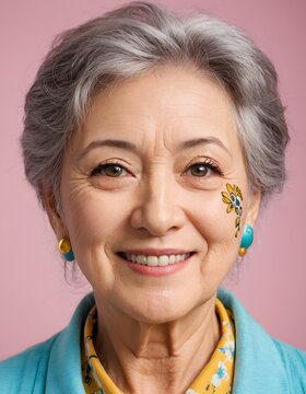 A playful senior woman sports colorful face paint, her cheerful personality shining through. The pink background complements her joyful, youthful spirit.
