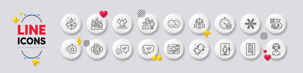 Approved, Business podium and 5g internet line icons. White buttons 3d icons. Pack of Like, Approve, Timer icon. Elevator, Consultant, Qr code pictogram. Cyber attack, Waterproof, Court jury. Vector
