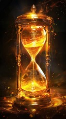 A golden hourglass stands against a dark background, symbolizing the passage of time.