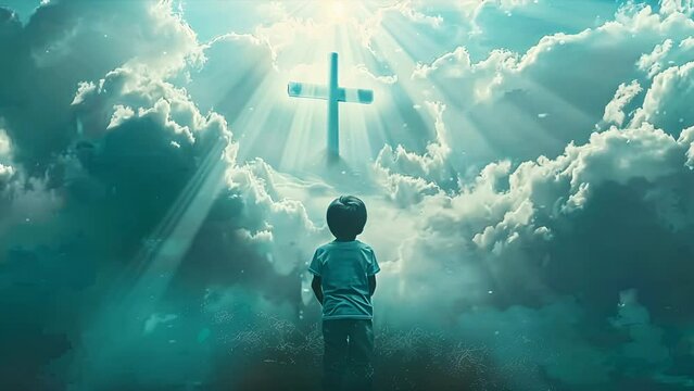Boy praying to a cross in the clouds backlit by rays of sunlight