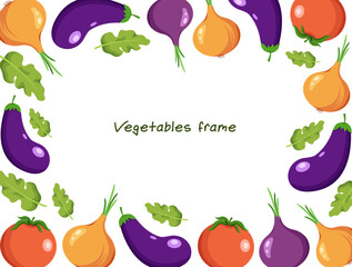 Vector vegetables frame with eggplants, tomatoes, onions, leaves on white. Isolated frame with veggies in flat style
