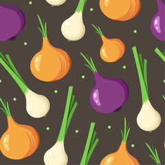 Seamless pattern with colourful onions on dark background