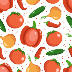 Seamless pattern of vegetables, red pepper, tomato, cucumber, onion in flat style on white background