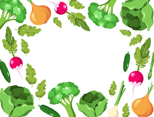Vector frame with vegetables, green broccoli, cabbage, radish, onions and leaves. Cute frame with veggies