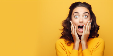 Shocked lady with hands on cheeks, open mouth, wide eyes. Concept of shock, unexpected news, pleasant sale or offer, joyful reaction, promotional content. Yellow backdrop. Wide banner with copy space - obrazy, fototapety, plakaty