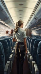 A stewardess walks down the aisle of an airplane.